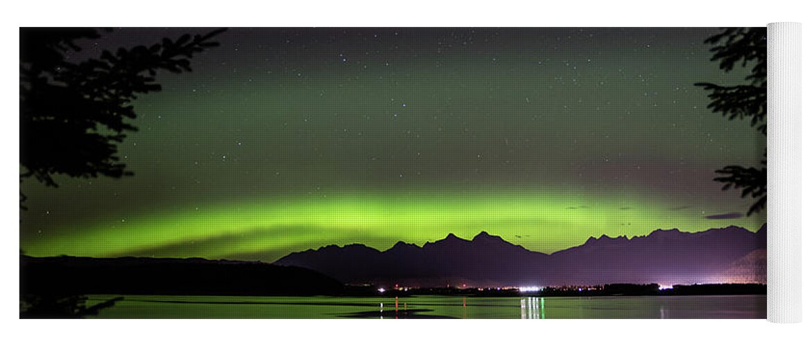 Northern Lights Yoga Mat featuring the photograph Skiff Under the Lights by David Kirby