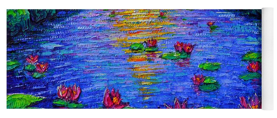 Waterlilies Yoga Mat featuring the painting LILY POND MYSTIC NIGHT abstract roundscape moon art impasto knife oil painting by Ana Maria Edulescu by Ana Maria Edulescu