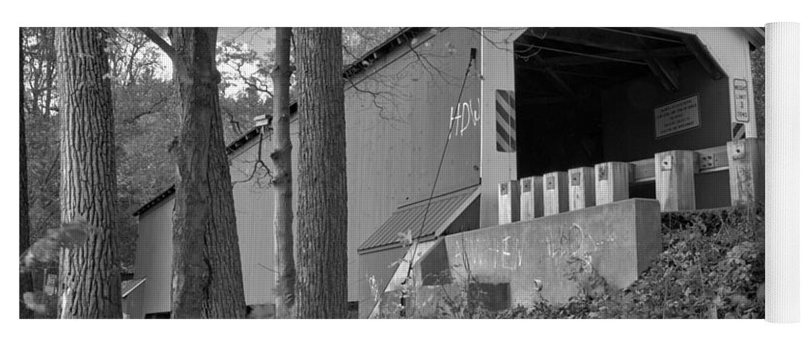 Eagleville Covered Bridge Yoga Mat featuring the photograph Looking Up At The Eagleville Covered Bridge Black And White by Adam Jewell