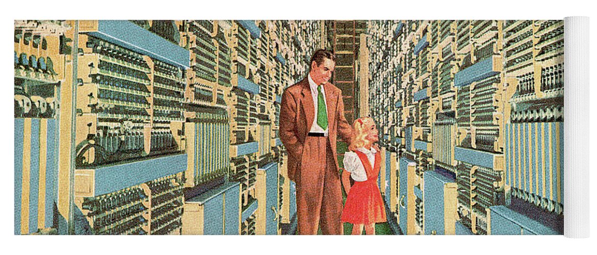 Adult Yoga Mat featuring the drawing Man and Girl Walking Through Aisle of Computers by CSA Images