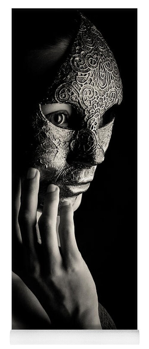 Venice Yoga Mat featuring the photograph Mask in hand Fashion portrait of lady with mask Black and White by Dimitar Hristov