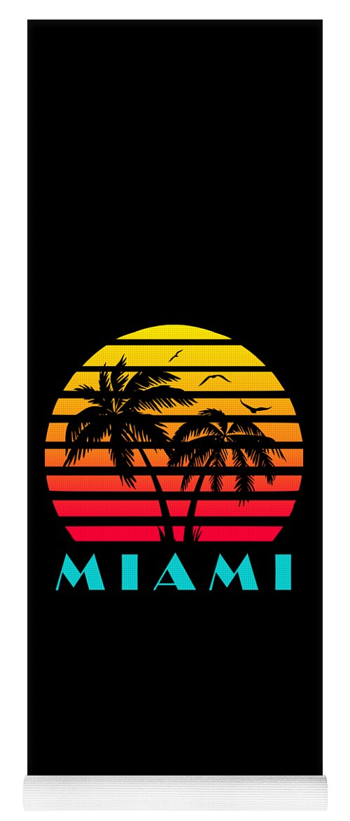 This Cool And Awesome Tee Shirt Features A Classic Vintage Sunset Inspired By Retro Vhs Tapes Of Famous Tv Shows And Movie Posters. Palm Trees And Seagulls In Front Of A Beautiful Tropical Sun That Glows In Yellow Yoga Mat featuring the digital art Miami 80s Tropical Sunset by Filip Schpindel