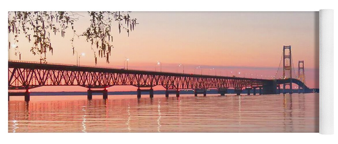 Mackinac Bridge Yoga Mat featuring the photograph Mighty Mac and Birch Tree by Keith Stokes