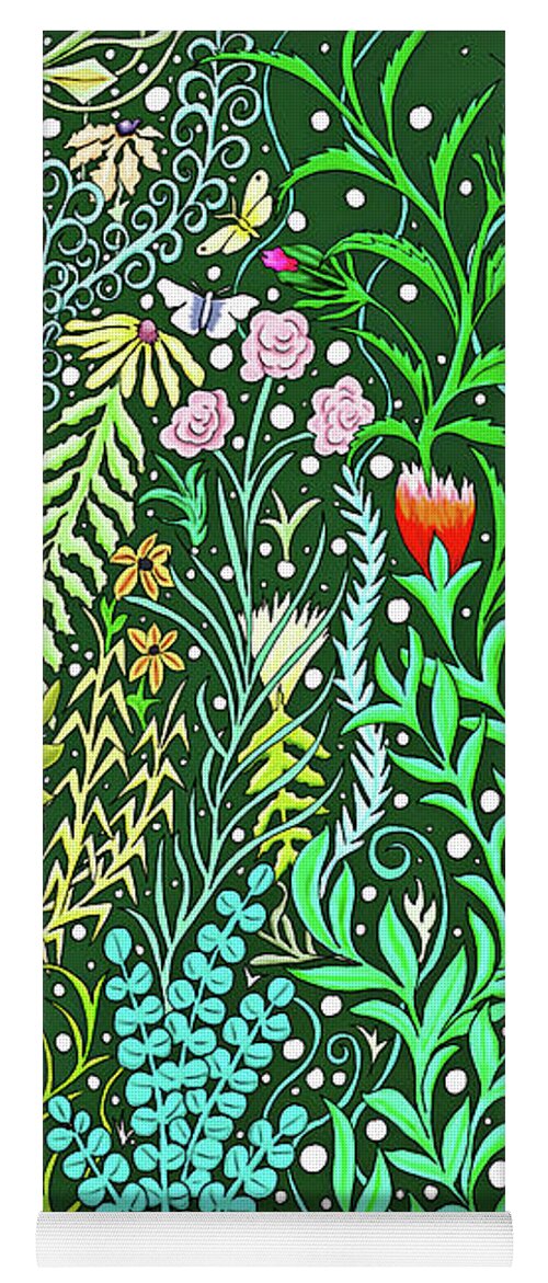 Lise Winne Yoga Mat featuring the mixed media Millefleurs Design with Pink Roses, Black Eyed Susans and Butterflies by Lise Winne