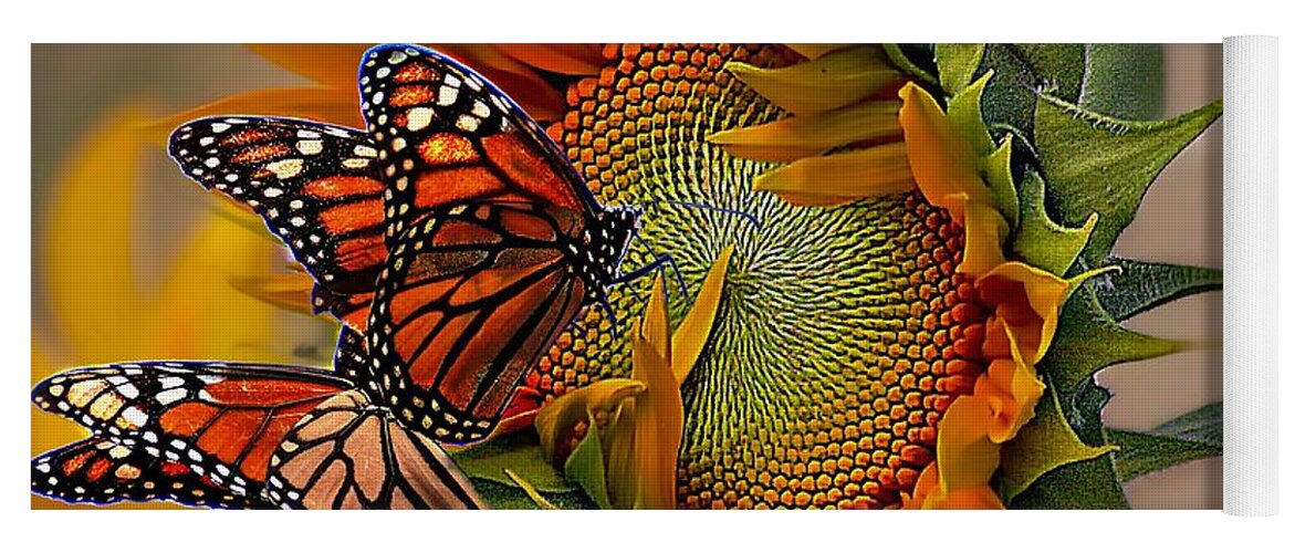John+kolenberg Yoga Mat featuring the photograph Monarchs And Sunflower by John Kolenberg