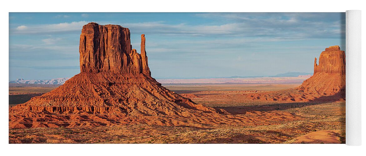 Southwest;landscape;sunset;monument Valley;east Mitten; West Mitten;tribal Park;navajo;evening;horizontal;sandra Bronstein;fine Art;photography;nature;desert;sacred;culture;scenic;iconic;tourism;popular;travel;utah;arizona;clouds;shadows;prints;acrylic;metallic;notecards;greeting Cards;posters;united States;out West;natural Formations;sandstone;red;sunsets Yoga Mat featuring the photograph Monument Valley Sunset - Utah by Sandra Bronstein