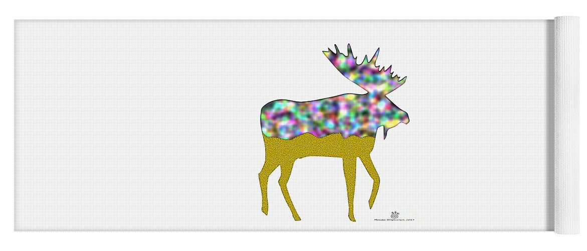 Moose Yoga Mat featuring the digital art Moose with Rainbow Gold by Monika Shepherdson