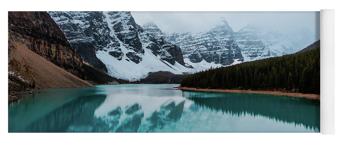 Outdoor; Water; Lake; Reflection; Larches; Sunset; Snow; Mountains; Moraine Lake; Banff National Park; Rocky Mountains; Alberta; Canada Yoga Mat featuring the digital art Moraine Lake by Michael Lee