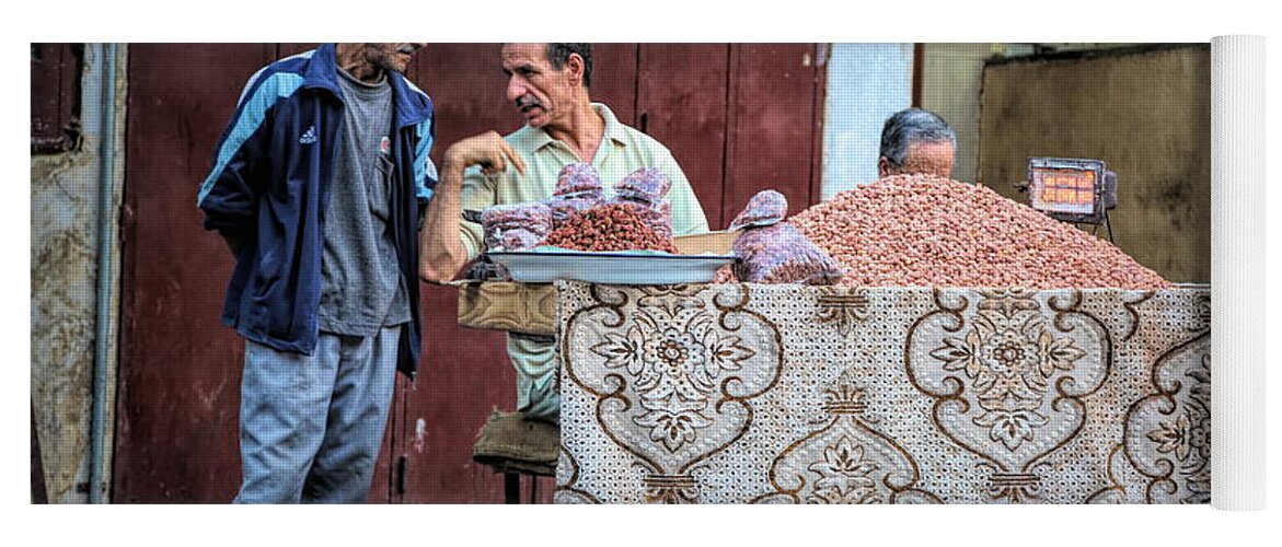 Morocco Yoga Mat featuring the photograph Moroccan Selling Nuts Streets of Fes by Chuck Kuhn