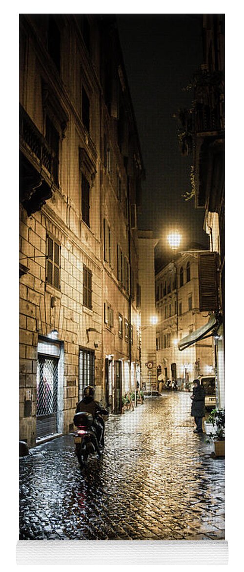 Italy Yoga Mat featuring the photograph Motorbike in Narrow Street at Night in Rome in Italy by Andreas Berthold
