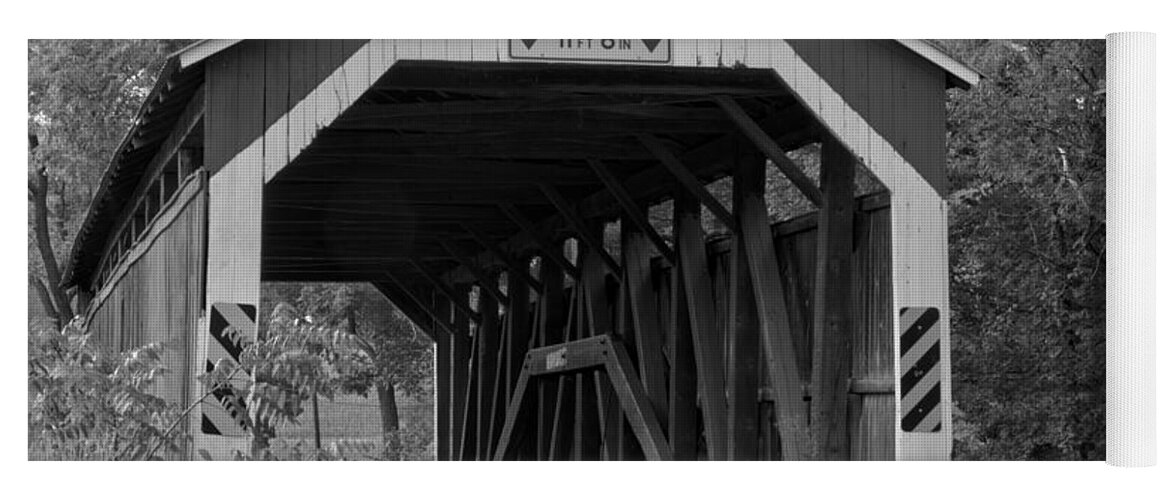 Mt Pleasant Covered Bridge Yoga Mat featuring the photograph Mt. Pleasant Covered Bridge Black And White by Adam Jewell
