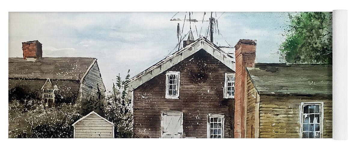 A Street Scene From Mystic Seaport Yoga Mat featuring the painting Mystic Masts by Monte Toon