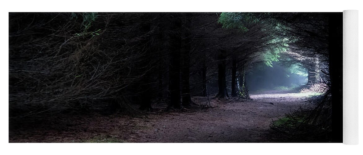 Wood Yoga Mat featuring the photograph Narrow Path Through Foggy Mysterious Forest by Andreas Berthold