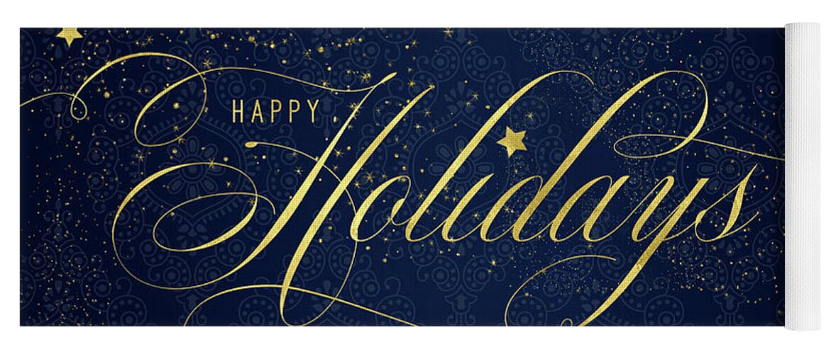 Christmas Yoga Mat featuring the digital art Navy and Gold Happy Holidays Typography by Doreen Erhardt