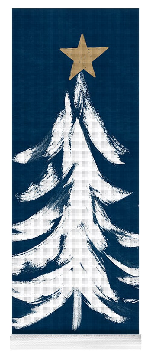 #faaAdWordsBest Yoga Mat featuring the mixed media Navy and White Christmas Tree 1- Art by Linda Woods by Linda Woods
