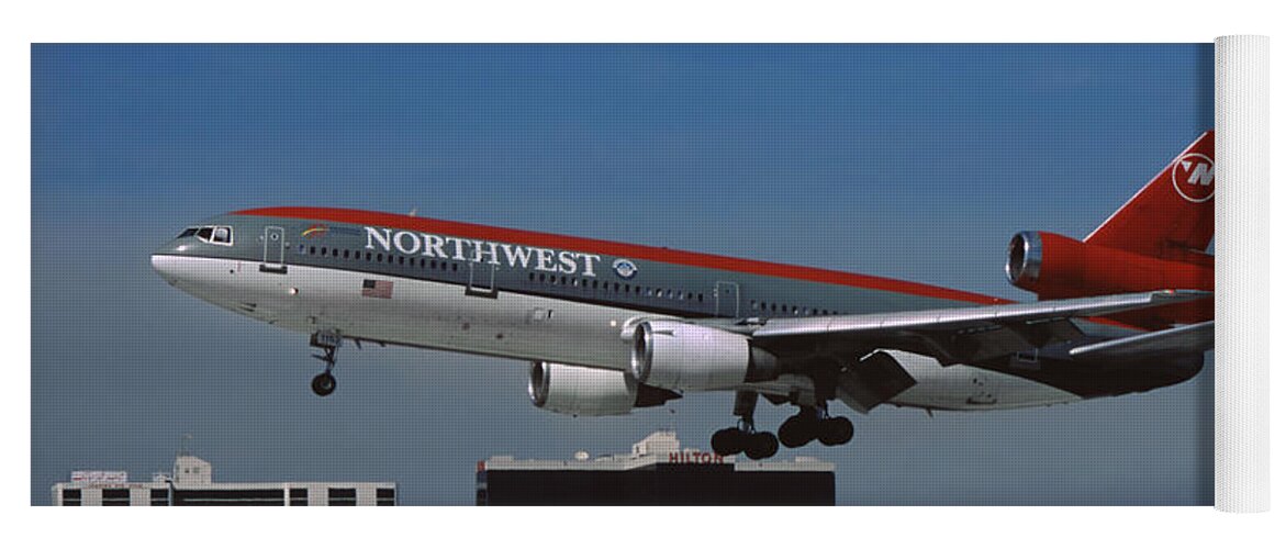 Northwest Airlines Yoga Mat featuring the photograph Northwest Airlines DC-10-40 Landing at Los Angeles by Erik Simonsen