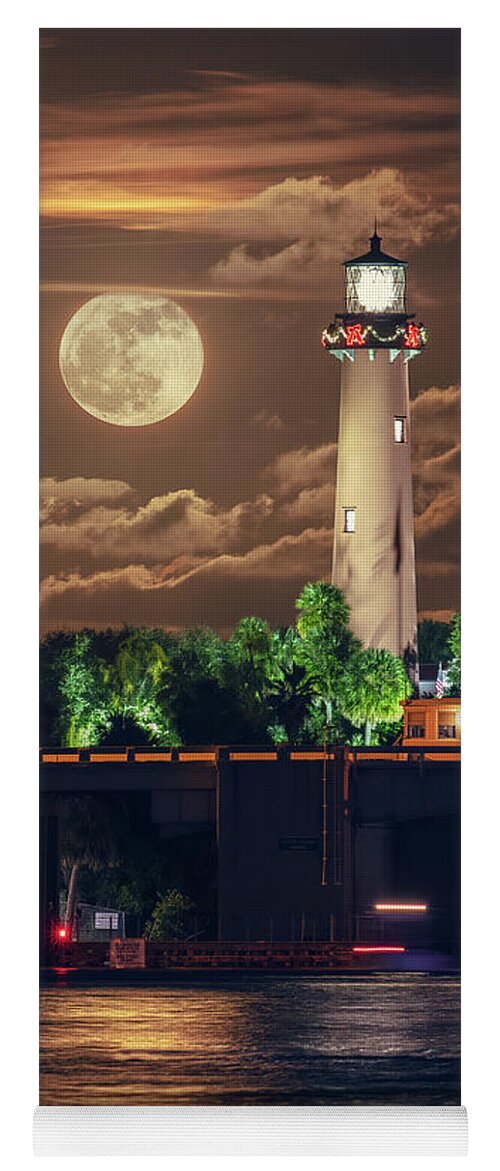 Jupiter Yoga Mat featuring the photograph November 2018 Fullmoon Rise Jupiter Florida Lighthouse by Kim Seng