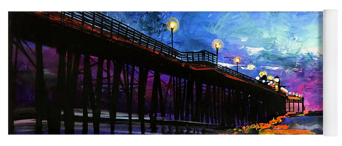 Oceanside California Pier Ocean Sunset Colors Neon Texture Sand Beach Contrast Sea Yoga Mat featuring the painting Oceanside at night by Sergio Gutierrez