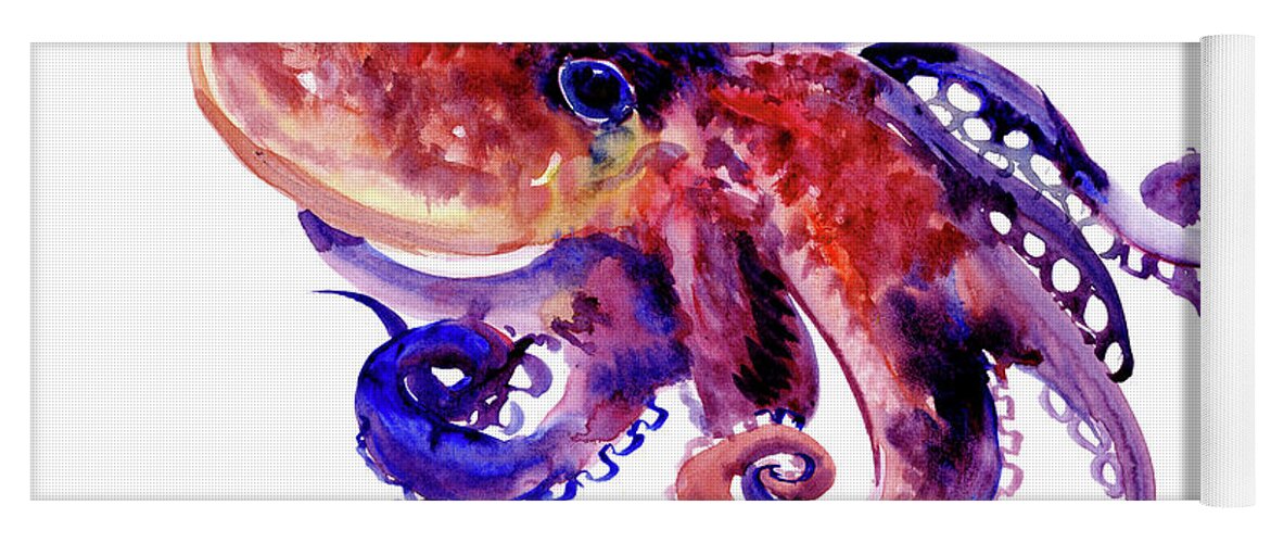 Octopus Yoga Mat featuring the painting Octopus, Red Purple Design by Suren Nersisyan