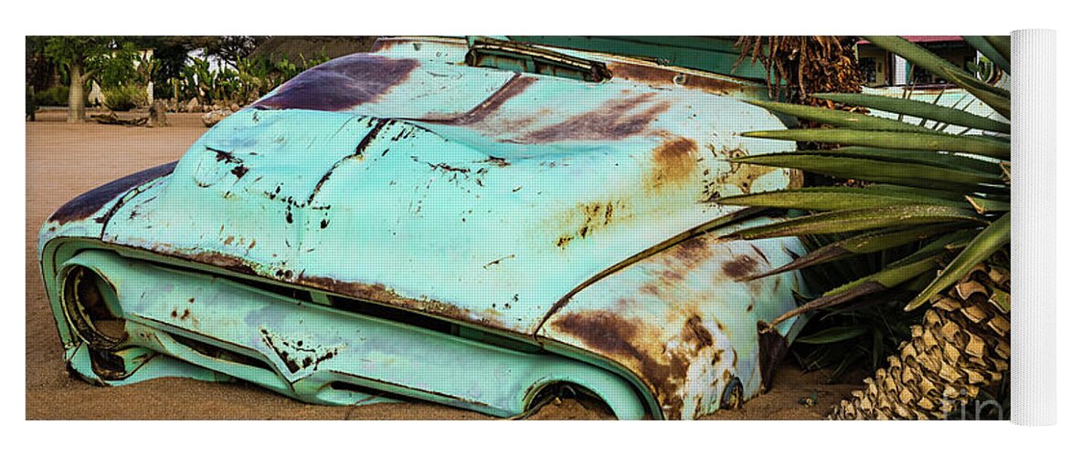 Wreck Yoga Mat featuring the photograph Old and abandoned car #2 in Solitaire, Namibia by Lyl Dil Creations