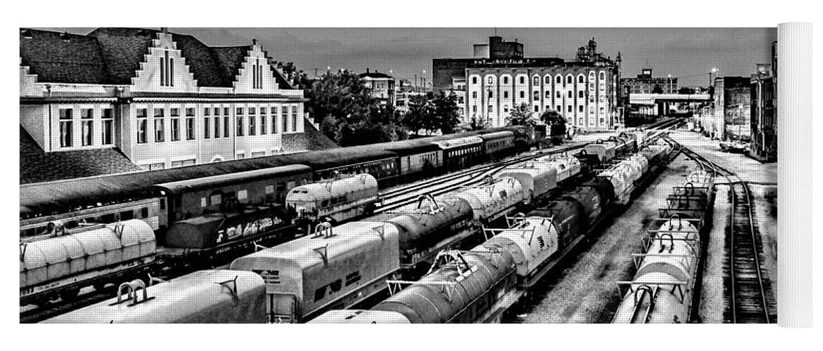 Old City Train Tracks Black And White Yoga Mat featuring the photograph Old City Train Tracks Black and White by Sharon Popek