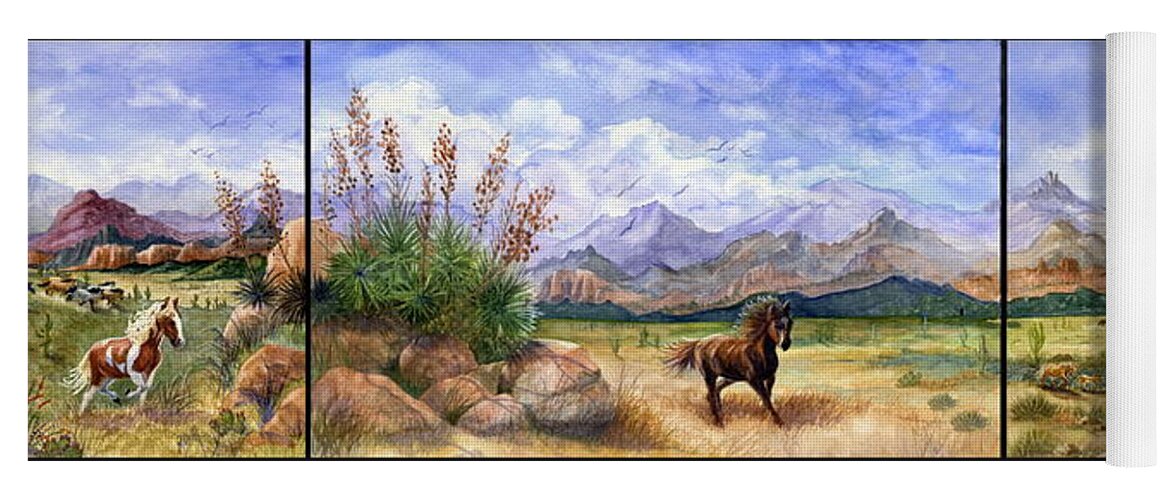 Mustang Yoga Mat featuring the painting Panorama Triptych Don't Fence Me In by Marilyn Smith