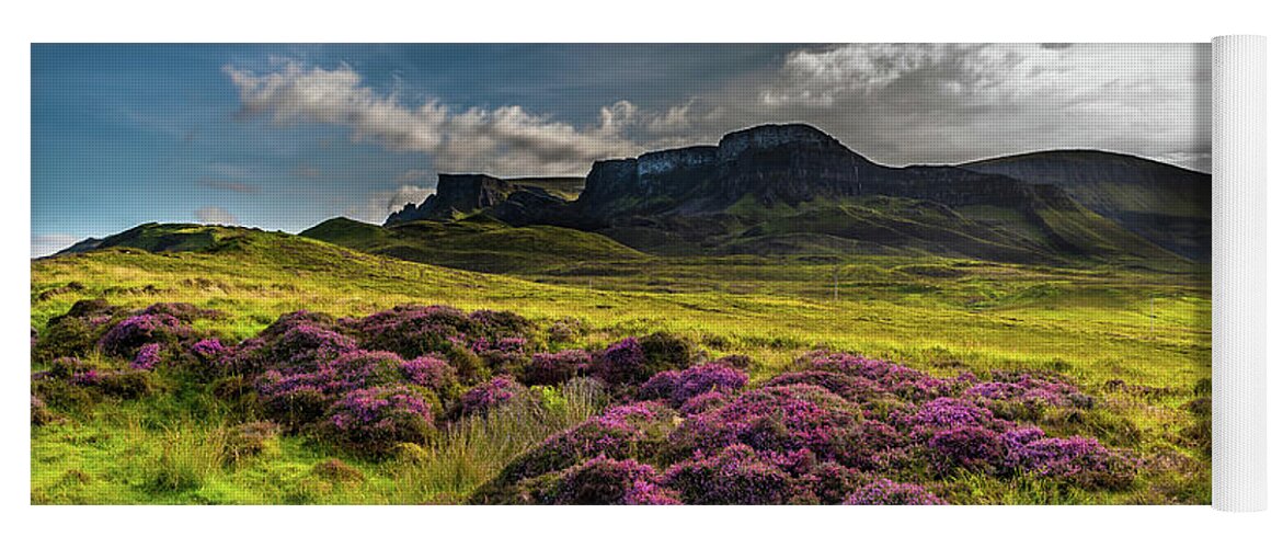 Abandoned Yoga Mat featuring the photograph Pasture With Blooming Heather In Scenic Mountain Landscape At The Old Man Of Storr Formation On The by Andreas Berthold