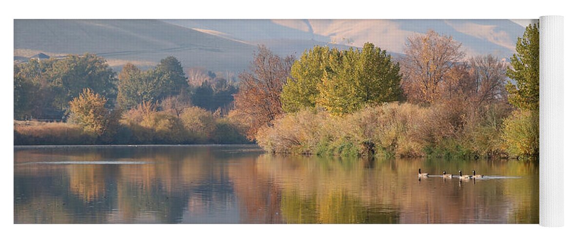 Waterscape Yoga Mat featuring the photograph Peaceful Autumn River Reflection by Carol Groenen