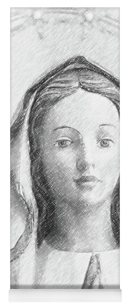 Blessed Virgin Mary Yoga Mat featuring the photograph pencil sketch with vignette of Blessed Virgin Mary by Vivida Photo PC