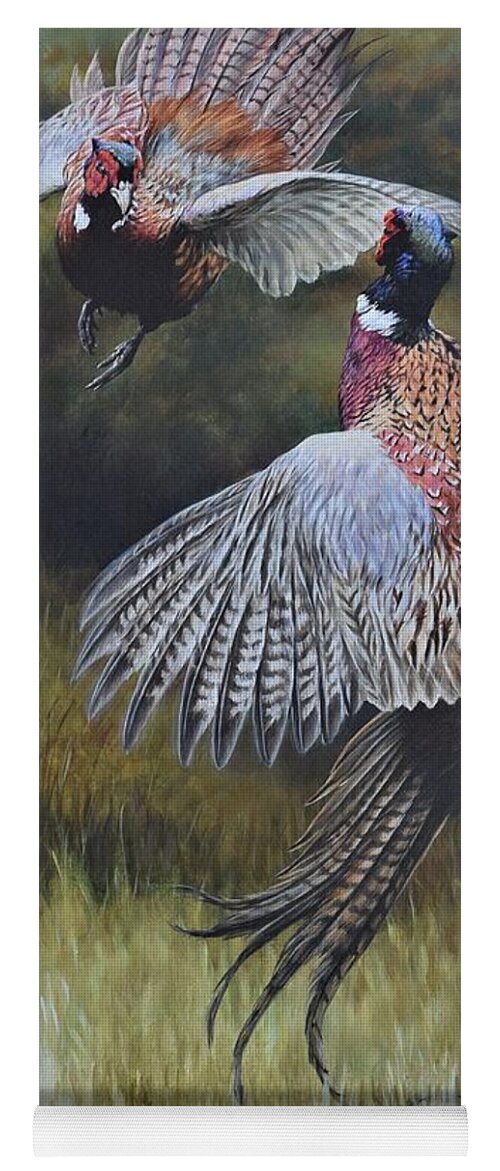 Wildlife Paintings Yoga Mat featuring the painting Pheasants Fighting by Alan M Hunt