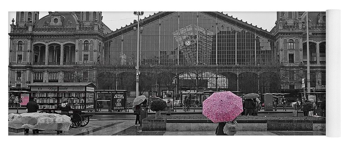 Color Splash Yoga Mat featuring the photograph Pink Umbrella Budapest by Tito Slack