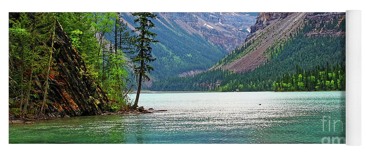 Placid Yoga Mat featuring the photograph placid calm water conifer trees mountains landscape view of Kinn by Robert C Paulson Jr
