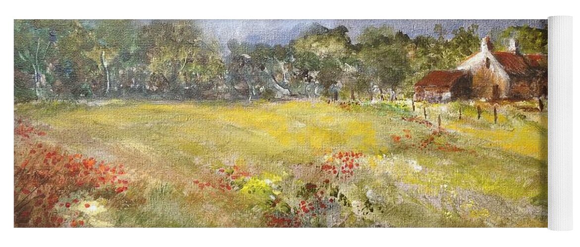 Lizzy Forrester Yoga Mat featuring the painting Poppies in the Cotswolds, Spring in the air. by Lizzy Forrester