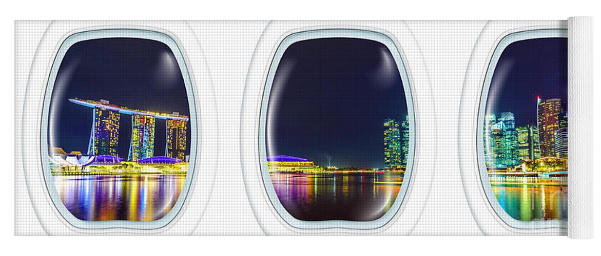 Singapore Yoga Mat featuring the photograph Porthole windows on Singapore by night by Benny Marty
