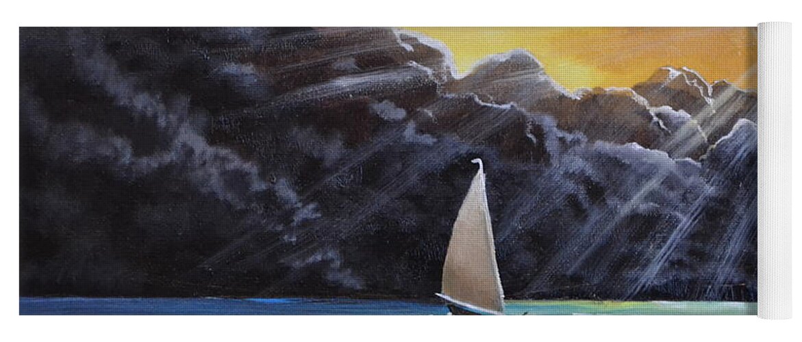 This Oil Painting Depicts A Sail Boat Racing To Get Home Before The Coming Storm. This Painting Is 11x14 Inches And Would Fit In Any Room. I Painted The Sky With Two Types Of Weather. First The Sunny Part With Bright Clouds And The Other Half With Dark Storm Clouds. The Ocean Is Still Calm Because The Storm Has Not Arrived Yet. I Put In The Sunbeams To Show The Coming Storm. I Put A Light Colored Ocean Near The Sailboat For A Reflection. I Feel The Sunbeams Draws Your Eye To The Boat. Yoga Mat featuring the painting Racing Home by Martin Schmidt