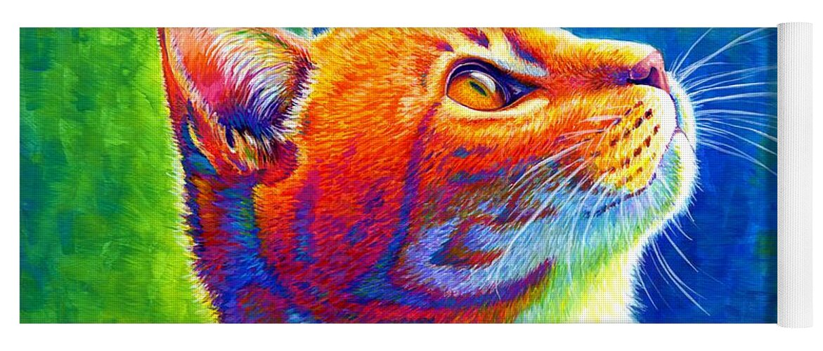 Cat Yoga Mat featuring the painting Anticipation - Psychedelic Rainbow Tabby Cat by Rebecca Wang