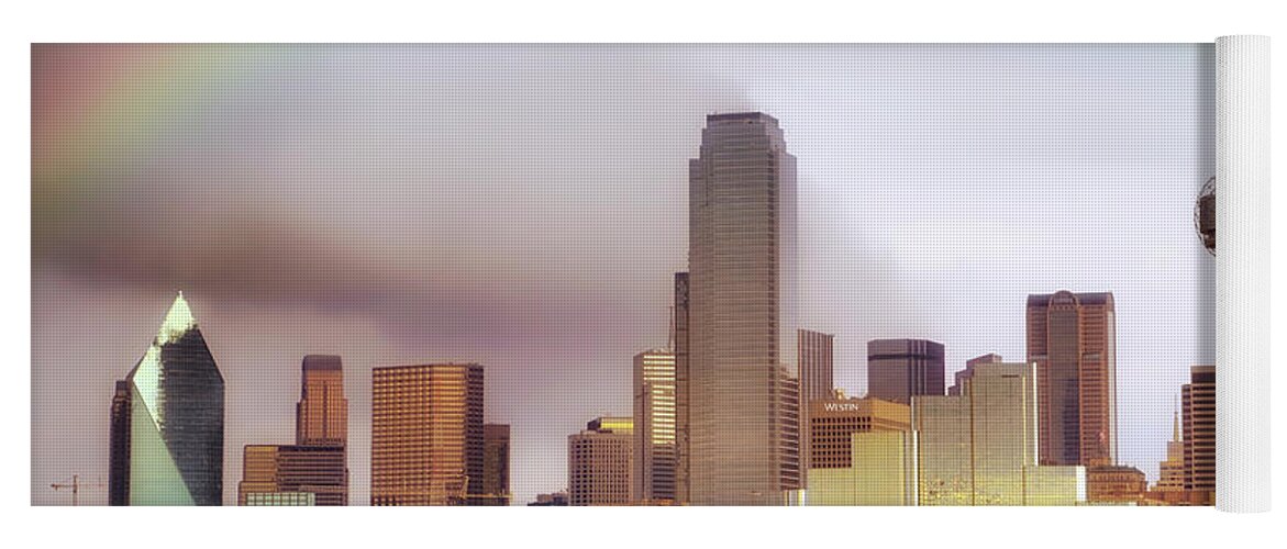 Dallas Skyline Yoga Mat featuring the photograph Rainbow over Downtown Dallas - Dallas Skyline - Texas by Jason Politte