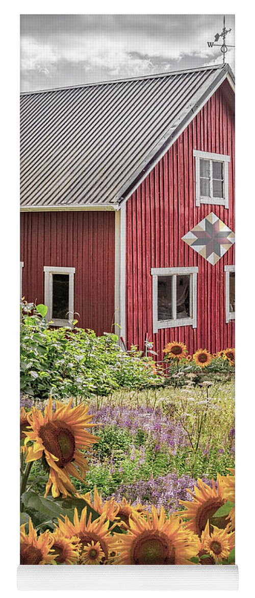 Barn Yoga Mat featuring the photograph Red Barn in Summer Country Sunflowers by Debra and Dave Vanderlaan