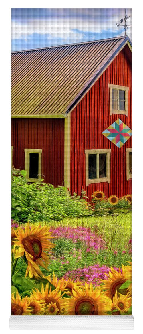 Barns Yoga Mat featuring the photograph Red Barn in Summer Sunflowers Painting by Debra and Dave Vanderlaan