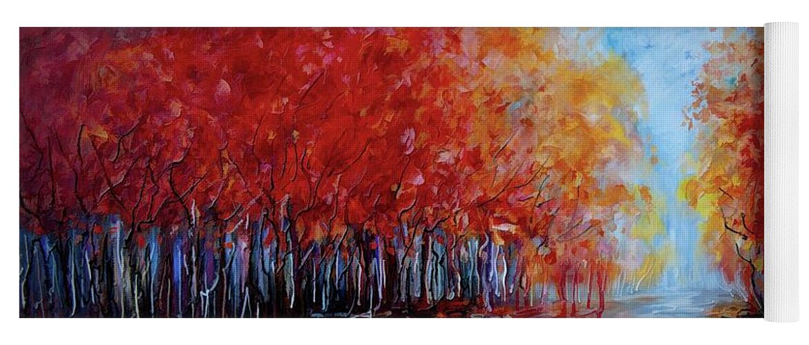 Oil Yoga Mat featuring the painting Red Fall Forest by OLena Art by Lena Owens - OLena Art Vibrant Palette Knife and Graphic Design
