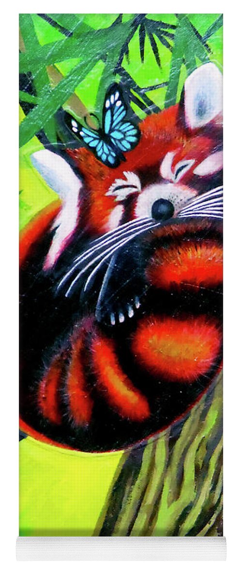 Red Panda Yoga Mat featuring the mixed media Red Panda With Blue Butterfly by Genevieve Esson