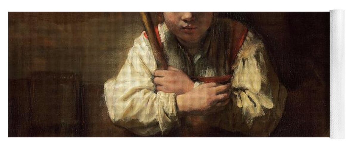 Oil On Canvas Yoga Mat featuring the painting Rembrandt Workshop -Possibly Carel Fabritius- A Girl with a Broom. by Rembrandt Workshop -Possibly Carel Fabritius-