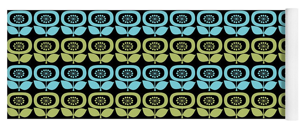 Mid Century Modern Yoga Mat featuring the digital art Retro Flowers in Blue and Green by Donna Mibus