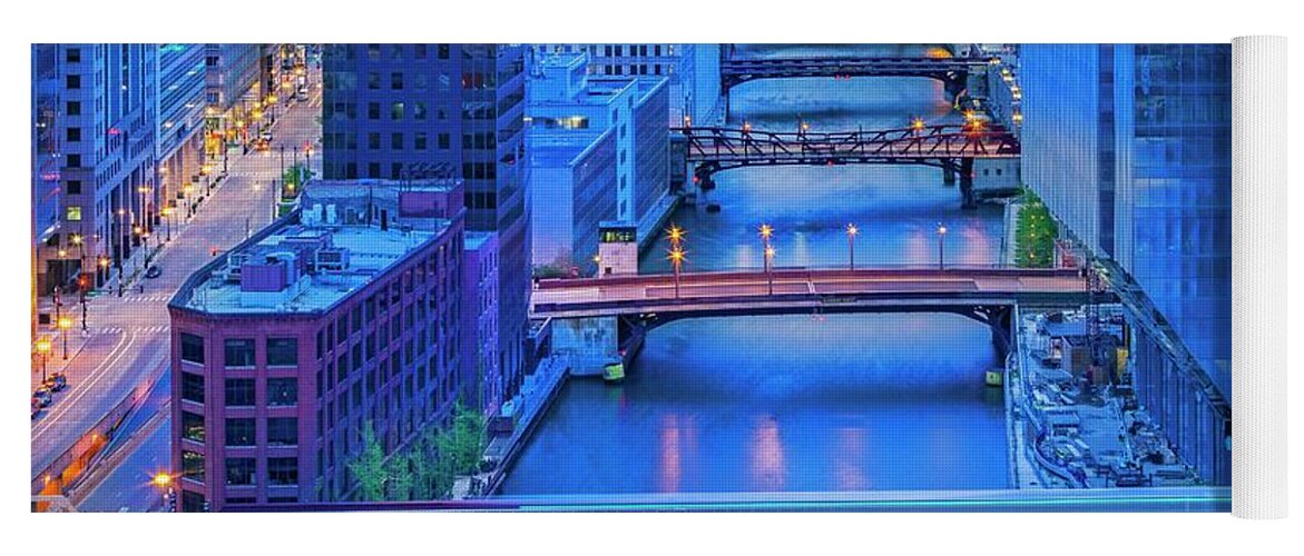 Estock Yoga Mat featuring the digital art River & Bridges, Chicago, Il by Claudia Uripos