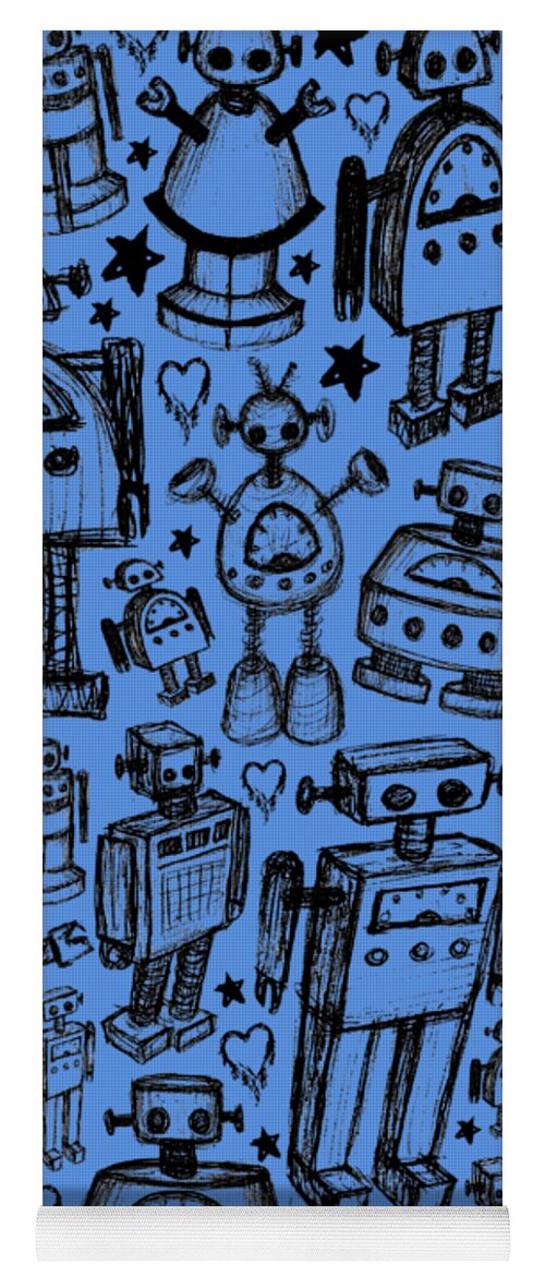 Robot Yoga Mat featuring the drawing Robot Crowd Graphic by Roseanne Jones