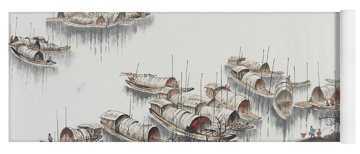 Chinese Watercolor Yoga Mat featuring the painting Sampan Harbor by Jenny Sanders