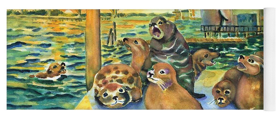 Sea Lions Yoga Mat featuring the painting Sea lions @ Yaquina Bay by Ann Nicholson