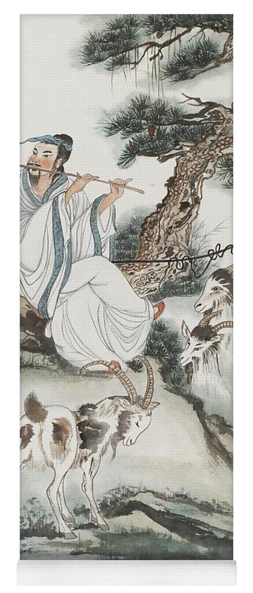 Chinese Watercolor Yoga Mat featuring the painting Shepherd Serenading His Goats by Jenny Sanders