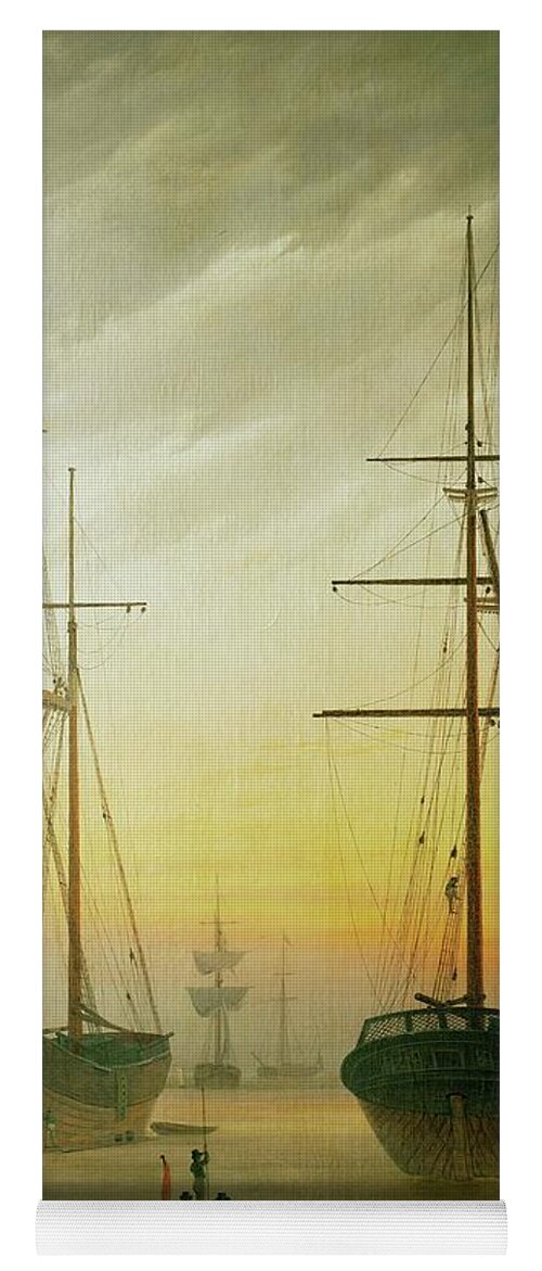 Caspar David Friedrich Yoga Mat featuring the painting Ships in the harbour. Oil on canvas. by Caspar David Friedrich -1774-1840-