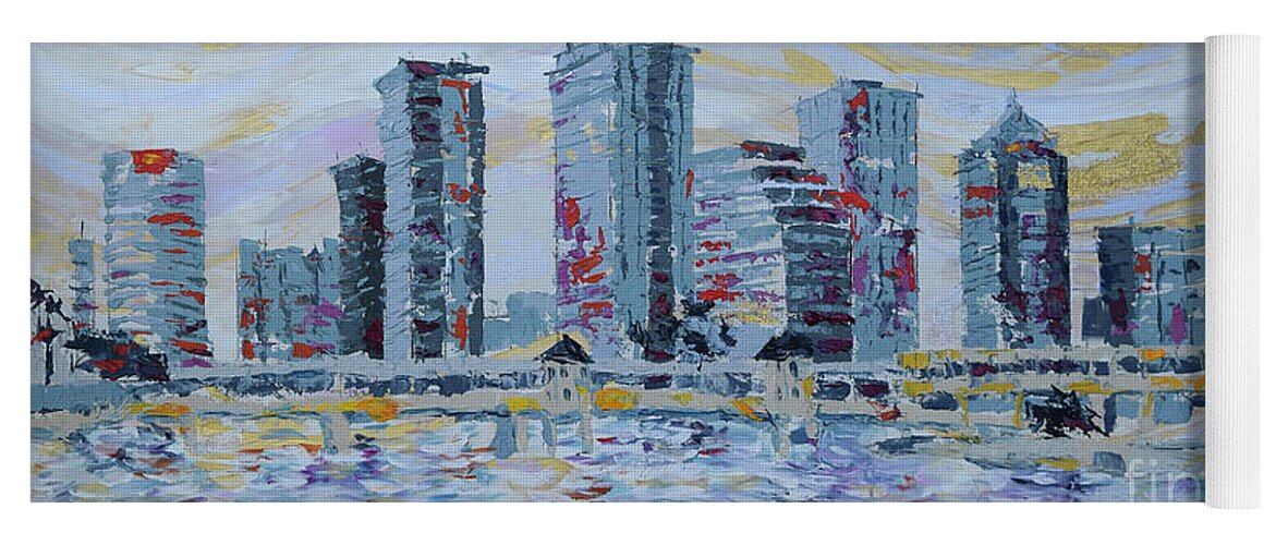 Tampa Skyline Yoga Mat featuring the painting Silvery Tampa Skyline by Jyotika Shroff